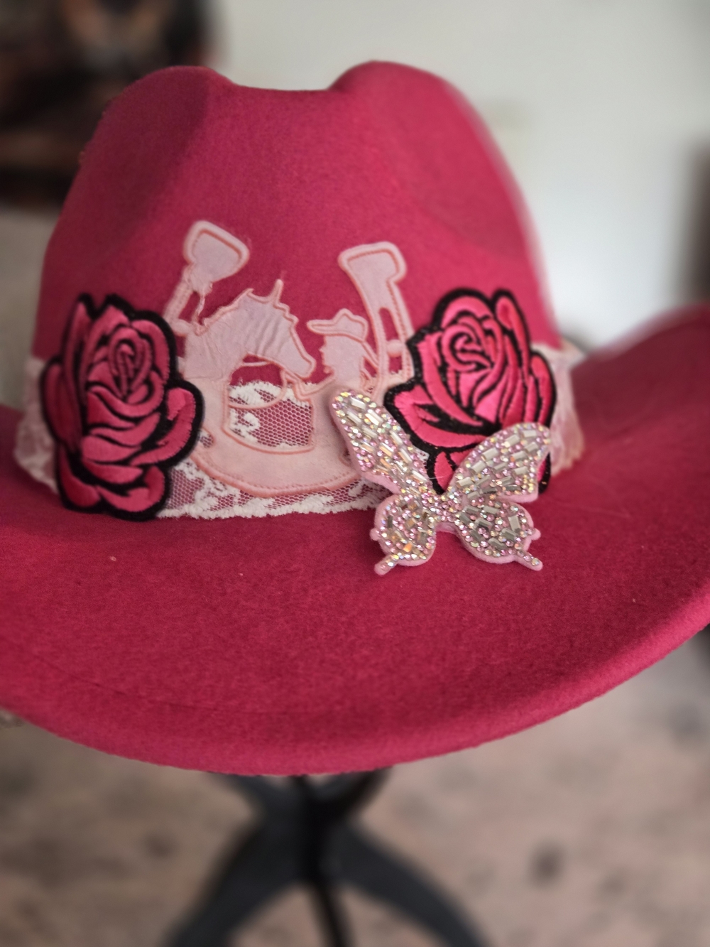 Pink Embellished Felt Western Hat with Rose Accents